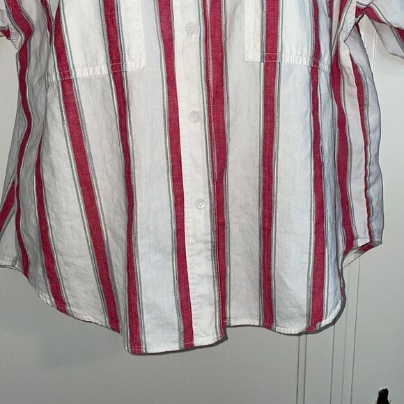 Vtg 80s Generalities Inc red & white vertical striped cotton shirt - Picture 3 of 7